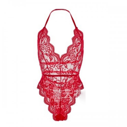 Hollow Out Halter Neck Lace Nighties Lingerie Bodysuit - Red image
