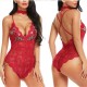 Teddy Lace V Neck Embroidery Rose Onesies Sheer Women Bodysuit - Red image