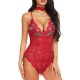Teddy Lace V Neck Embroidery Rose Onesies Sheer Women Bodysuit - Red image