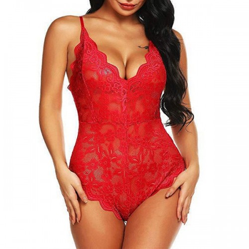 Flossy Backless Scalloped Teddy High Cut Lingerie Intimate Bodysuit - Red image