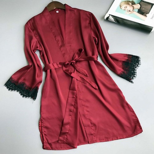 Vintage Midi Night Gown Full Sleeve Knotted Cardigan Nightwear - Red image