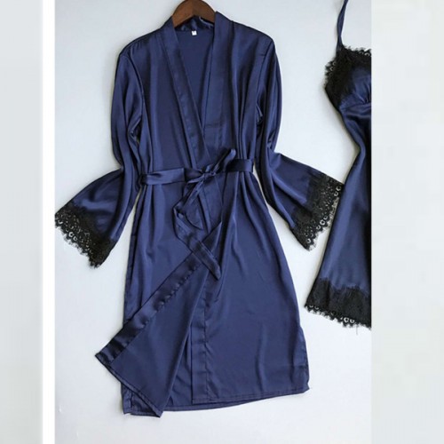 Vintage Midi Night Gown Full Sleeve Knotted Cardigan Nightwear - Blue image