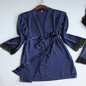 Vintage Midi Night Gown Full Sleeve Knotted Cardigan Nightwear - Blue