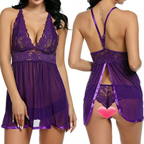 Luxury See Through Lace Mesh Halter Neck Women Nightwear - Purple image