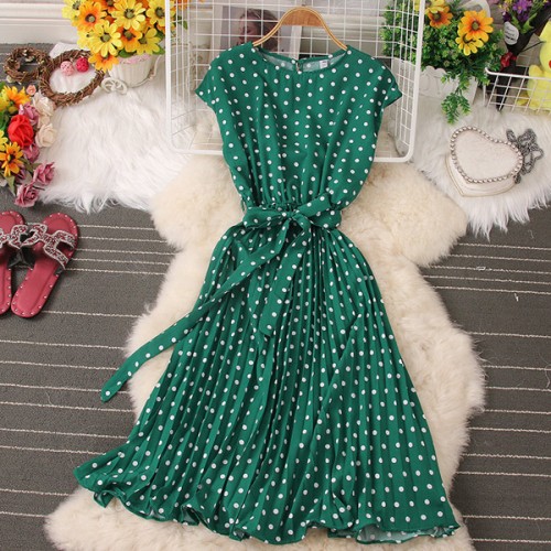 Elegant Polka Dot Sleeveless High Waist Midi Dress - Green image