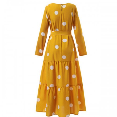 Vintage Polka Dot Full Sleeve A Line Long Maxi Dress - Yellow image