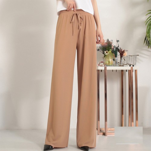 Soft Lace Up Wide Leg Long High Waist Palazzo Trouser Pants - Brown image