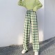 Vintage High Waist Elastic Plaid Women Joggers Sweatpants - Green image