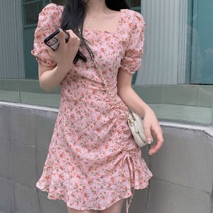 Sweet Squire Neck Puff Sleeve A Line Floral Women Mini Dress - Pink