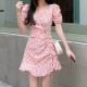 Sweet Squire Neck Puff Sleeve A Line Floral Women Mini Dress - Pink image