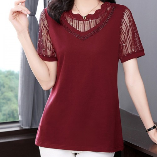 Mesh Stitching Short Sleeve Sequined Women Tops - Red image