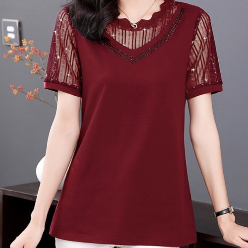 Mesh Stitching Short Sleeve Sequined Women Tops - Red image