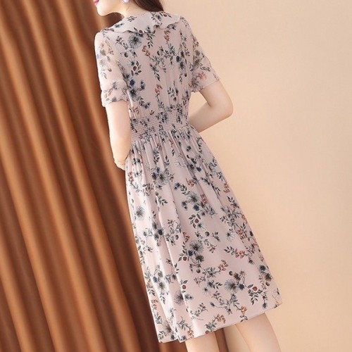 A-Line Floral V-neck Elastic Mid Length Skirt Women Dress - Pink image