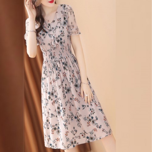 A-Line Floral V-neck Elastic Mid Length Skirt Women Dress - Pink image