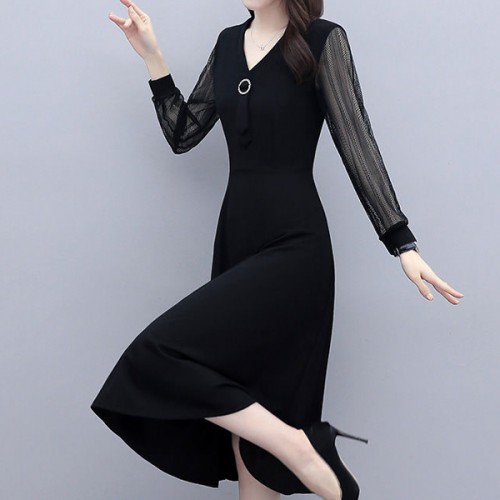A-Line Lace Hollows V Neck Mid-length Women Skirt Dress - Black image
