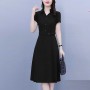 Solid Color High Waist Polo Collar Belted Midi Dress - Black
