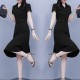 Solid Color High Waist Polo Collar Belted Midi Dress - Black image