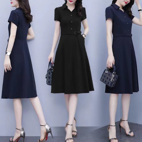 Solid Color High Waist Polo Collar Belted Midi Dress - Black image