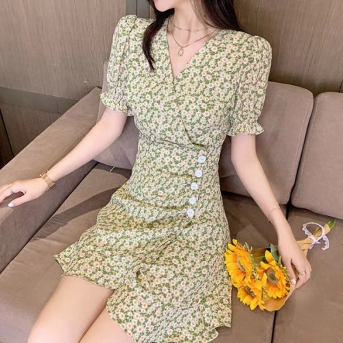 Ruffled Slit Floral Puff Sleeve V Neck Women Mini Dress - Green image