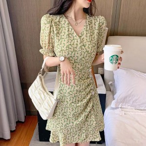 Ruffled Slit Floral Puff Sleeve V Neck Women Mini Dress - Green