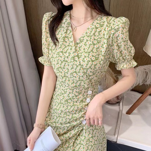 Ruffled Slit Floral Puff Sleeve V Neck Women Mini Dress - Green image