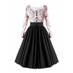 Retro Style Floral Contrast Stitching Hepburn Swing Skirt Maxi Dress - Black