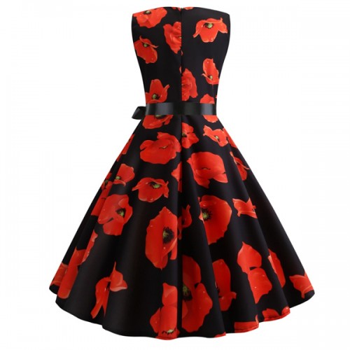 A-line Floral Sleeve Less Tie Waist Swing Petite Midi Party Dress - Red image