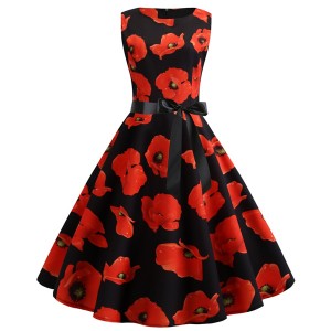 A-line Floral Sleeve Less Tie Waist Swing Petite Midi Party Dress - Red