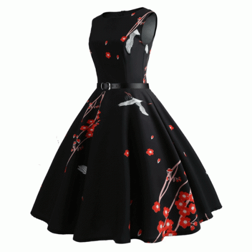 Retro Vintage Floral Robe Hepburn Ribbon Waist Swing Midi Dress - Black image