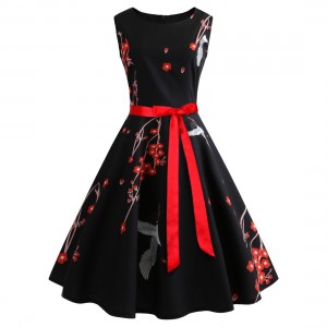 Retro Vintage Floral Robe Hepburn Ribbon Waist Swing Midi Dress - Black