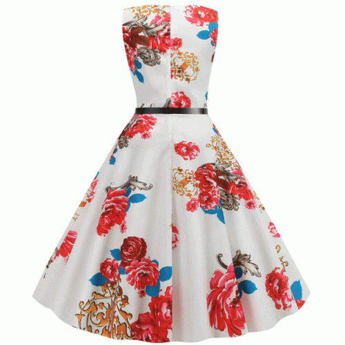 Fashionable Waist Swing O-neck With Belt Floral Printed Midi Dress - Red image