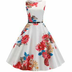 Fashionable Waist Swing O-neck With Belt Floral Printed Midi Dress - Red