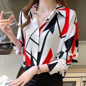 Loose Type Shirts Full Sleeve Lapel Collar Women Tops - Red