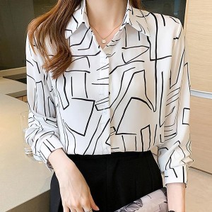 Elegant Loose Striped Full Sleeve Lapel Collar Women Tops - White