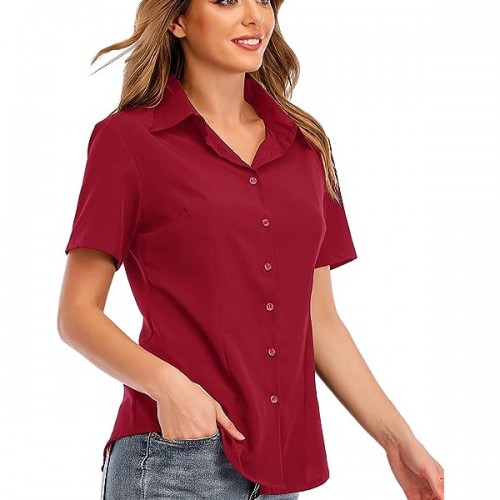 Trendy Plain Lapel Collar Button Closure Women Tops - Red image