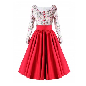 Retro Style Floral Contrast Stitching Hepburn Swing Skirt Maxi Dress - Red