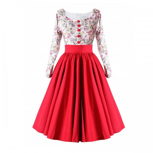 Retro Style Floral Contrast Stitching Hepburn Swing Skirt Maxi Dress - Red image