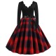 Retro Style Contrast Plaid Knotted V-neck Large Swing Midi Dress - Red image