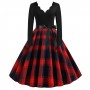 Retro Style Contrast Plaid Knotted V-neck Large Swing Midi Dress - Red