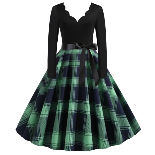 Retro Style Contrast Plaid Knotted V-neck Large Swing Midi Dress - Green image