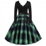 Retro Style Contrast Plaid Knotted V-neck Large Swing Midi Dress - Green
