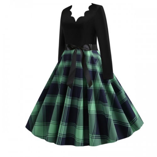 Retro Style Contrast Plaid Knotted V-neck Large Swing Midi Dress - Green image