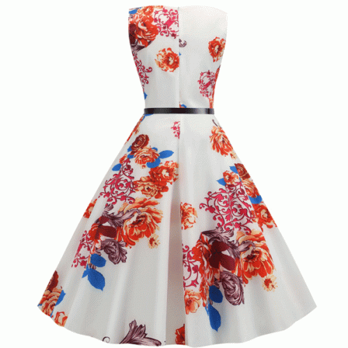Fashionable Waist Swing O-neck With Belt Floral Printed Midi Dress - Orange image