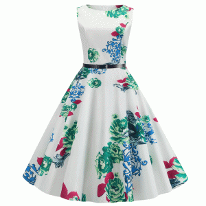 Fashionable Waist Swing O-neck With Belt Floral Printed Midi Dress - Green