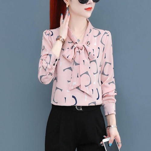 Elegant Long Sleeves Spliced Lace Up Bow Printed Design Blouse Tops - Pink image