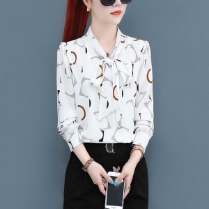 Elegant Long Sleeves Spliced Lace Up Bow Printed Design Blouse Tops - White