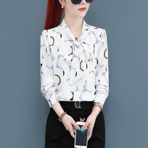 Elegant Long Sleeves Spliced Lace Up Bow Printed Design Blouse Tops - White image