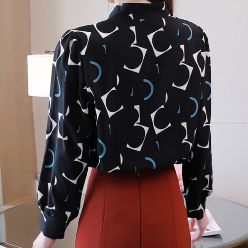 Elegant Long Sleeves Spliced Lace Up Bow Printed Design Blouse Tops - Black image