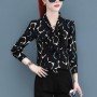 Elegant Long Sleeves Spliced Lace Up Bow Printed Design Blouse Tops - Black