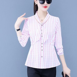 Fashionable Slimming Stripes Button Up Cardigan Bow Neck Women Tops - Pink